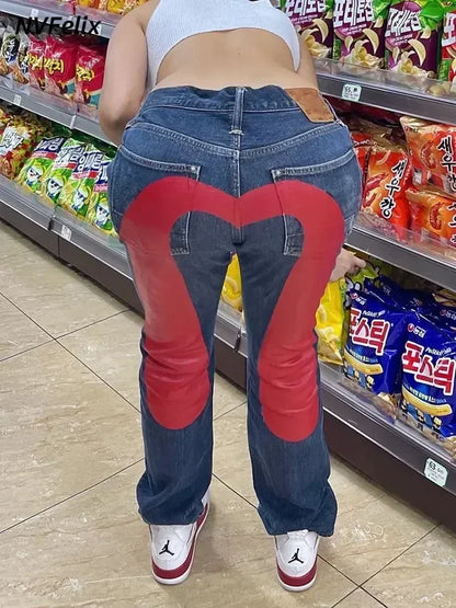 Printed Straight Denim Trousers