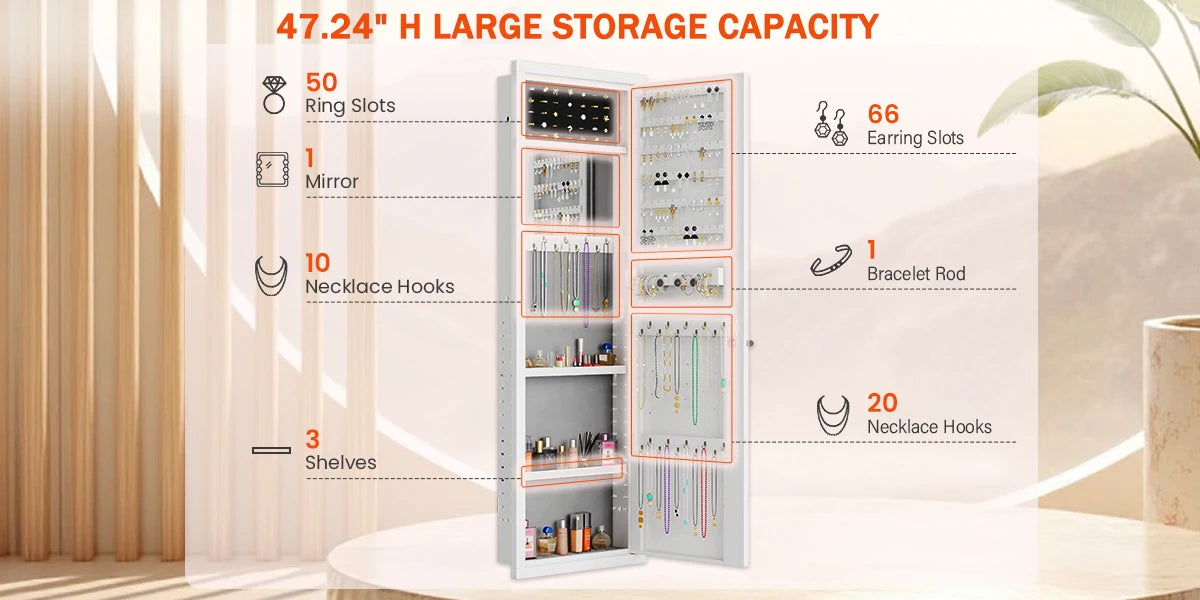 Mirror Jewelry Cabinet, 47.24" Tall Wall Mounted Jewelry Cabinet with Mirror and Light, Large Jewelry Armoire Organizer
