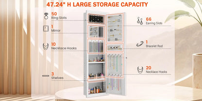 Mirror Jewelry Cabinet, 47.24" Tall Wall Mounted Jewelry Cabinet with Mirror and Light, Large Jewelry Armoire Organizer