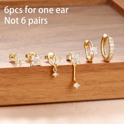 6PCS Fashion Cute Zircon Flower Ear Stud 18K Gold Plated Star Ear Stud Earrings