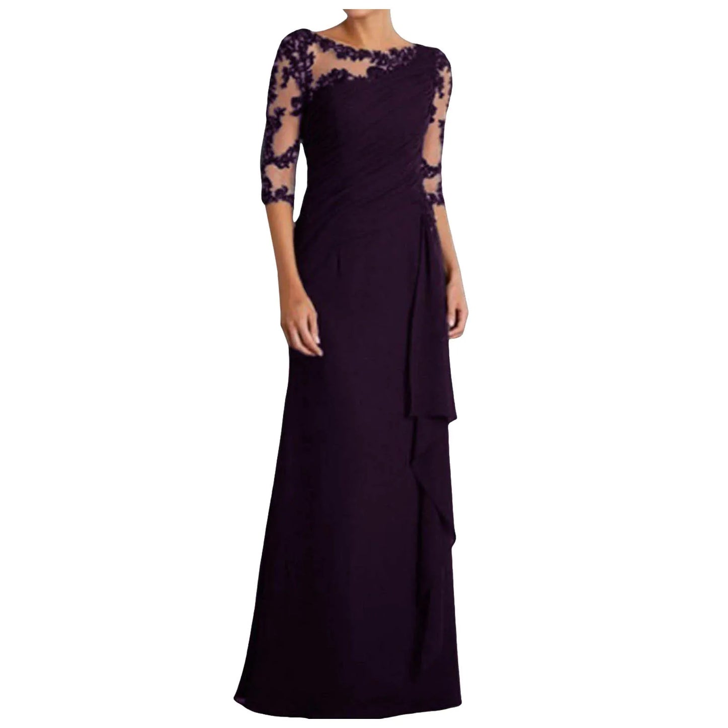 Women Elegant Lace Long Dress Sexy See Through Round Neck Mid Sleeve Dress Solid Color
