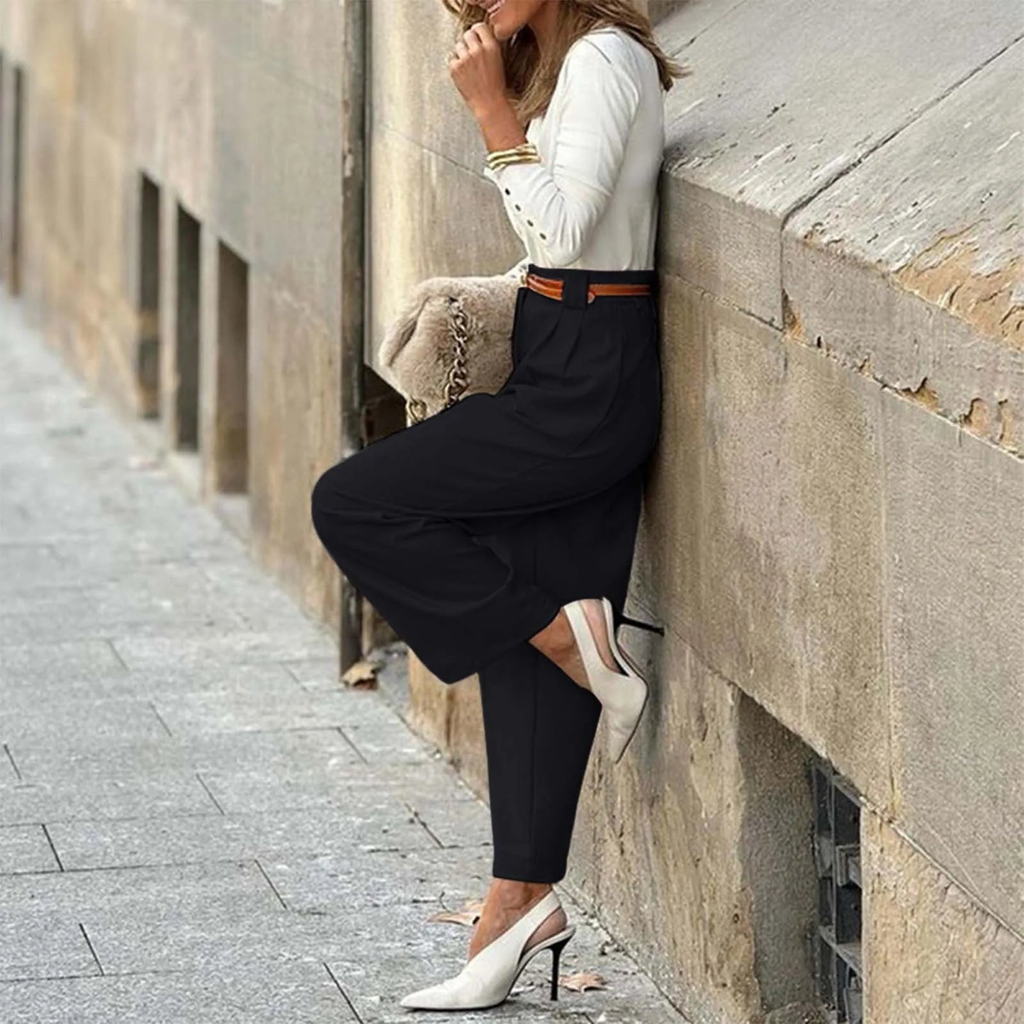 Elegant Women's Solid Color High Waist Ankle Length Straight Leg Dress Pants