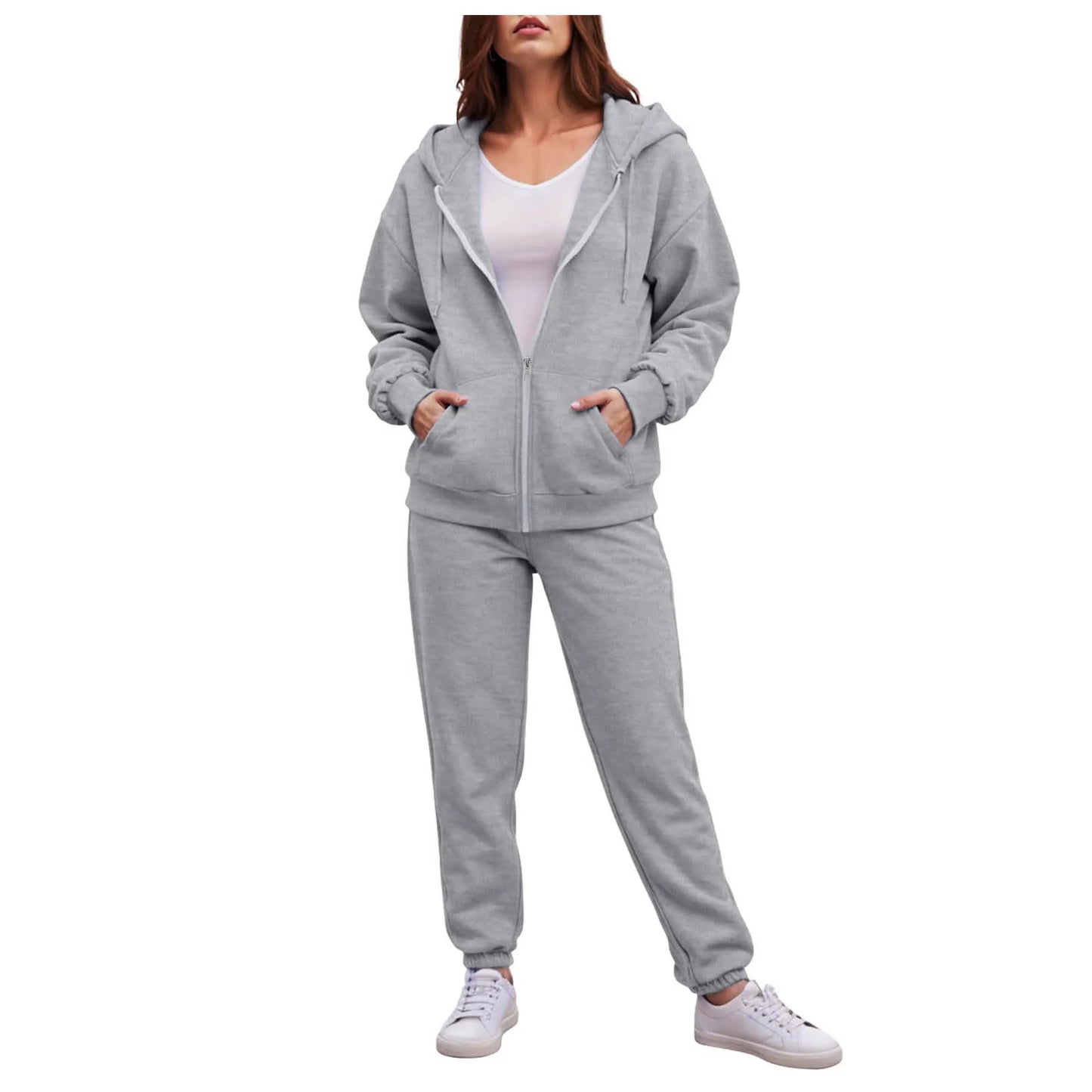 Women Long Sleeve Solid Color Hooded Sweatshirt and Pant