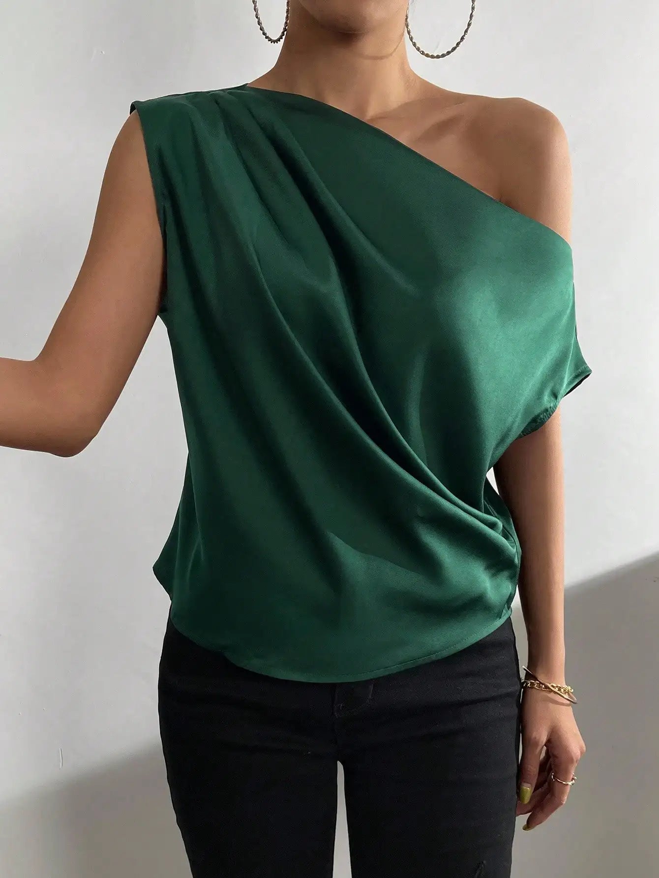 One Shoulder Satin Blouse with Asymmetrical Neckline, Solid Color Women's Top