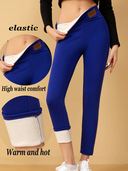 【4 Pack Winter Warm Leggings】Women's High Waist Fleece Lined Pants, Black+Gray+Navy+Red Thermal Trousers with Faux Fur Cuff, Str
