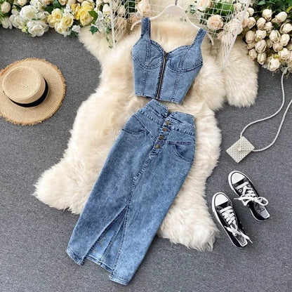 denim 2 piece outfits summer top and skirt