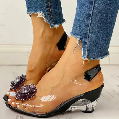 Female Shoes Leisure Transparent Crystal Diamond Slope Heel Sandals