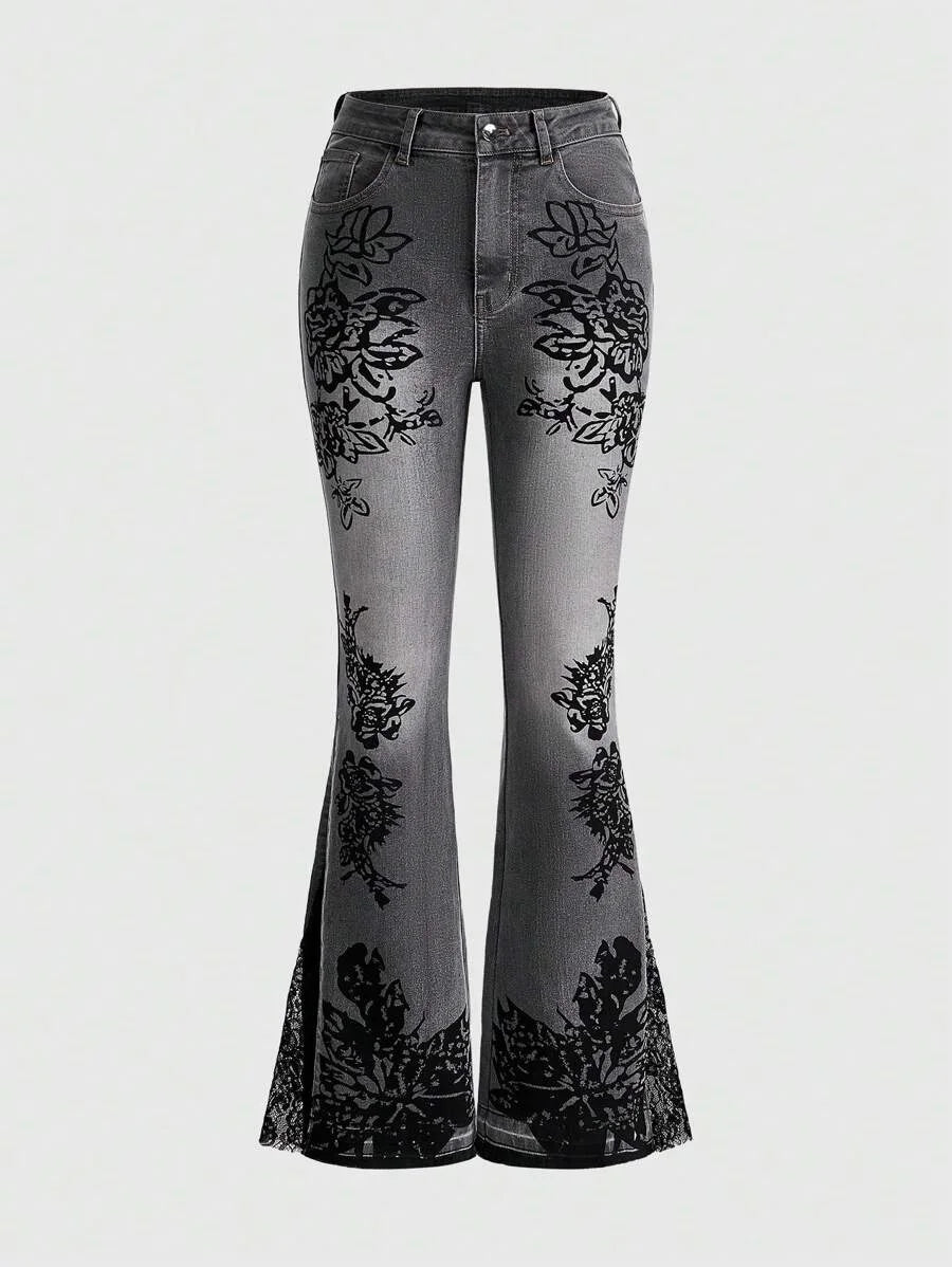 Retro Printed Bell Bottoms Street Mounted Navel Slim Jeans