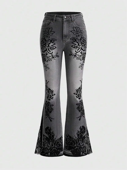Retro Printed Bell Bottoms Street Mounted Navel Slim Jeans