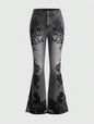 Retro Printed Bell Bottoms Street Mounted Navel Slim Jeans