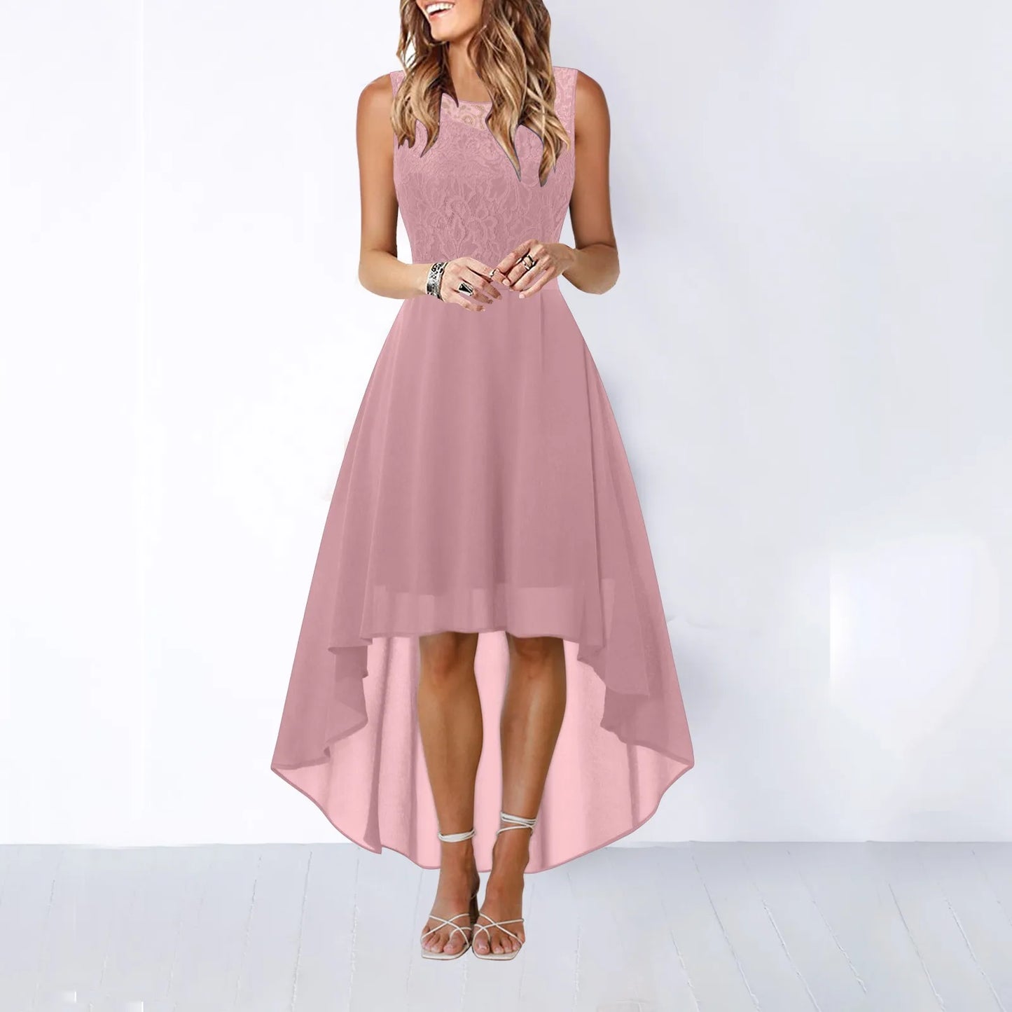 Bow Belt Elegant Irregular Length Women's Elegant Dress Sleeveless Chiffon