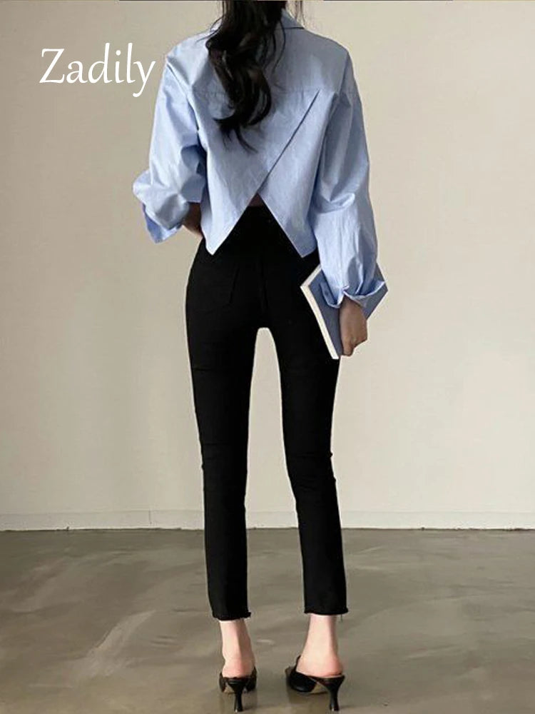 Spring New Casual Long Sleeve Women White Shirt Solid Button Split Woman Crop Tops