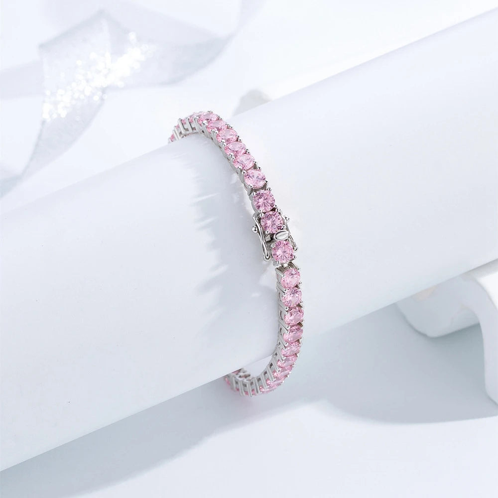 New In Solid 925 Sterling Silver 5MM Lab Pink Sapphire Gemstone Tennis Chain Bracelets