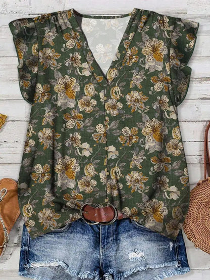 Women's V-Neck Floral Print Button-Up Blouse, Loose Fit, Lightweight