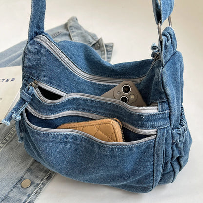 Women Casual Large Capacity Denim Messenger Bag Adjustable Strap