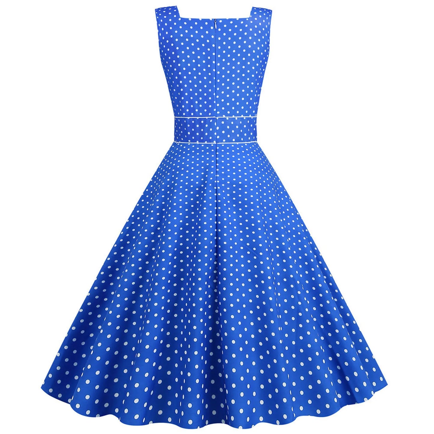 Women Vintage 1950s Retro Dress Sleeveless Dot Print Square Neck Waist In A-Line