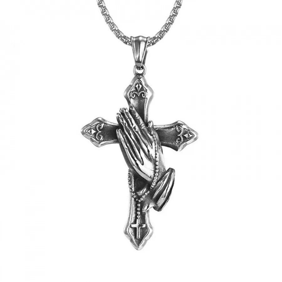 Praying Hands Necklace Black Stainless Steel Cross Box Chain