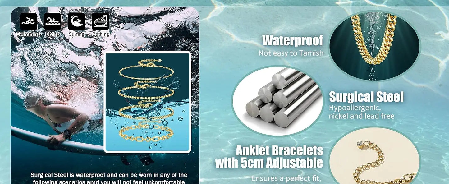 6PCS Ankle Bracelets for Women 14K Gold-plated  Anklets Stainless Steel