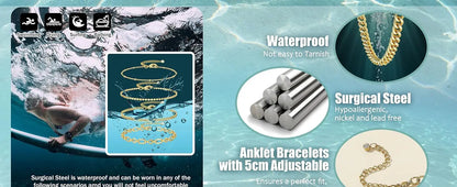 6PCS Ankle Bracelets for Women 14K Gold-plated  Anklets Stainless Steel