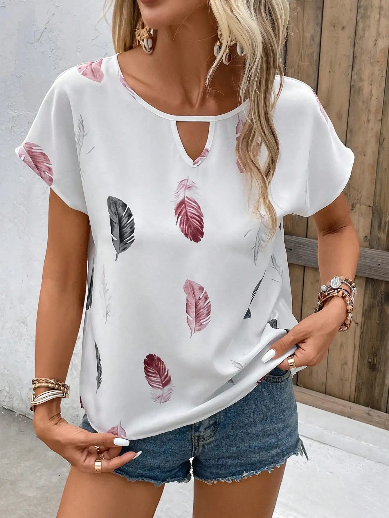 Women's Loose Feather Print Keyhole Neck Blouse, Summer Casual Top