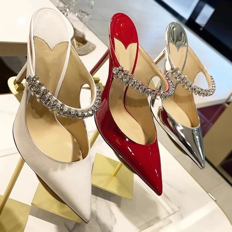 2025 New Fashionable Fine Heeled Muller Shoes with Pointed Water Diamond Chain Banquet