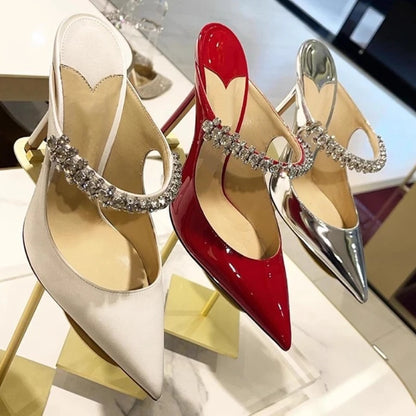 2025 New Fashionable Fine Heeled Muller Shoes with Pointed Water Diamond Chain Banquet