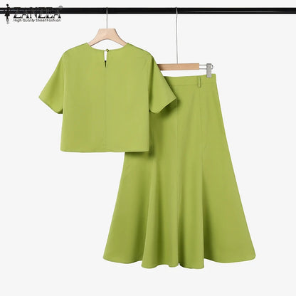 ZANZEA Fashion 2PCS Women Summer Dress Set Short Sleeve Blouse Sundress Casual Solid Outfits