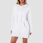 Women Solid Color Hoodie Dress Casual Loose Pullover Long Sleeve Drawstring Mid Dress with Side Slit