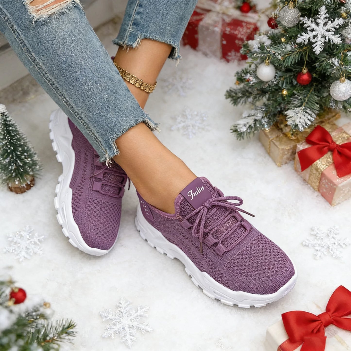 Fashion Knitted Sneakers for Women Mesh Breathable Lace-up Casual Sports Shoes