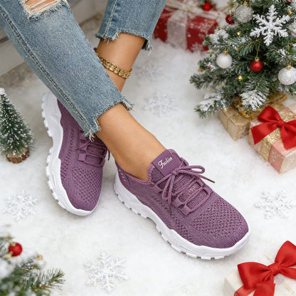 Fashion Knitted Sneakers for Women Mesh Breathable Lace-up Casual Sports Shoes