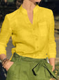 Women's White Linen Blend Button-Up Blouse with V-Neck and Chest Pocket