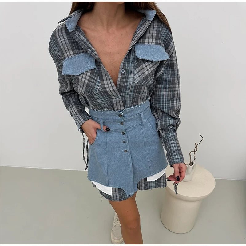 Lapel Color Blocked Shirt Waist Cinching Irregular Hem Short Skirt Set Woman Loose Long Plaid Shirt Patchwork Women Denim Suits