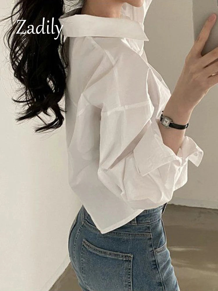 Spring New Casual Long Sleeve Women White Shirt Solid Button Split Woman Crop Tops