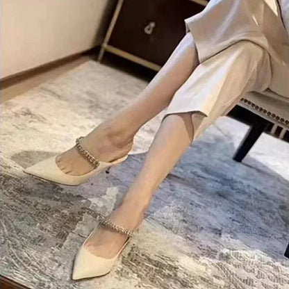 2025 New Fashionable Fine Heeled Muller Shoes with Pointed Water Diamond Chain Banquet