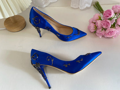 Luxury Leaves Metal Heel Women Shoes Pointed Toe Blue White Pink Black Silk Stiletto High Heels