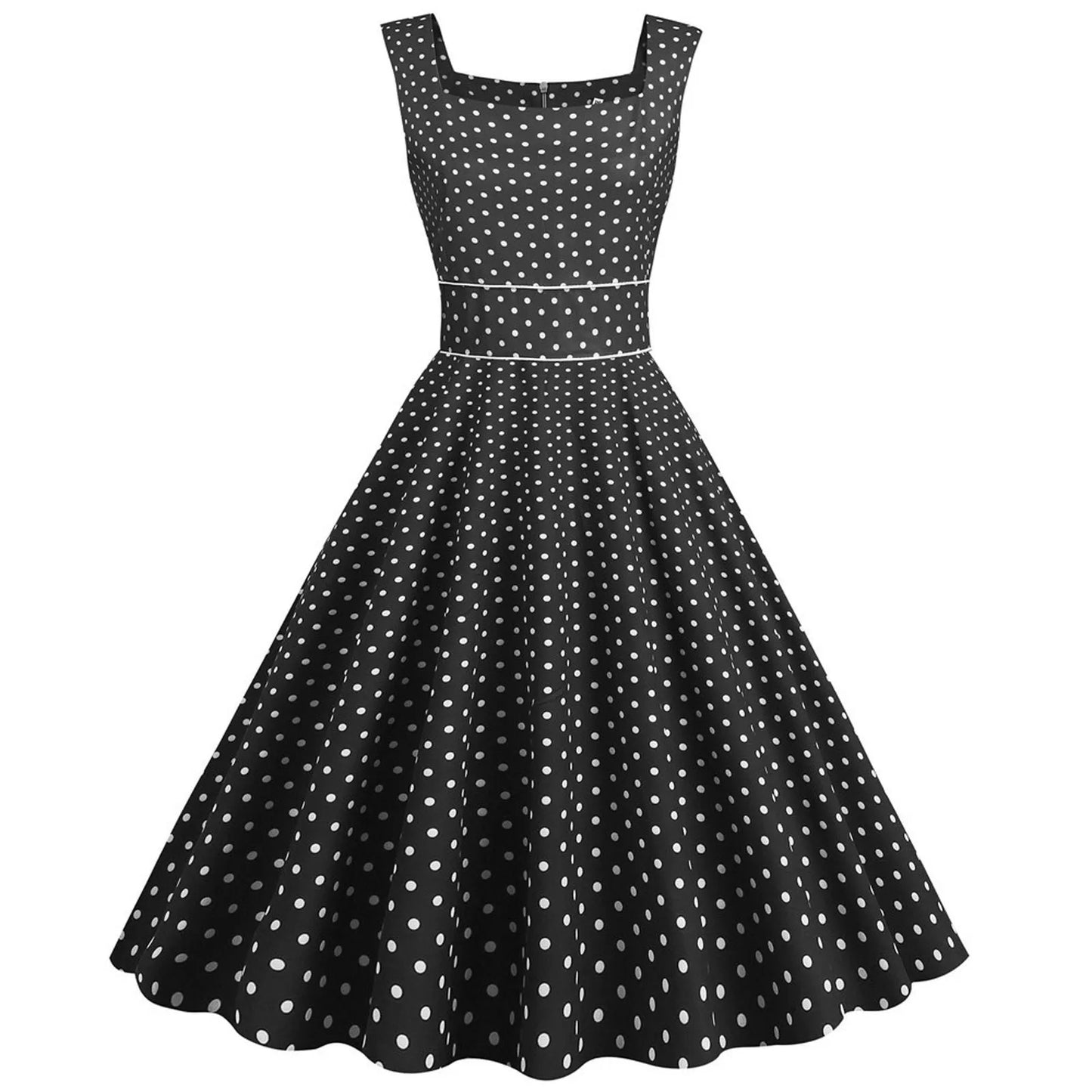 Women Vintage 1950s Retro Dress Sleeveless Dot Print Square Neck Waist In A-Line