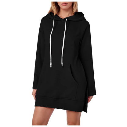 Women Solid Color Hoodie Dress Casual Loose Pullover Long Sleeve Drawstring Mid Dress with Side Slit