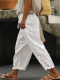 Plus Size Women's White Cotton Wide Leg Pants with Lace Trim and Drawstring Waist