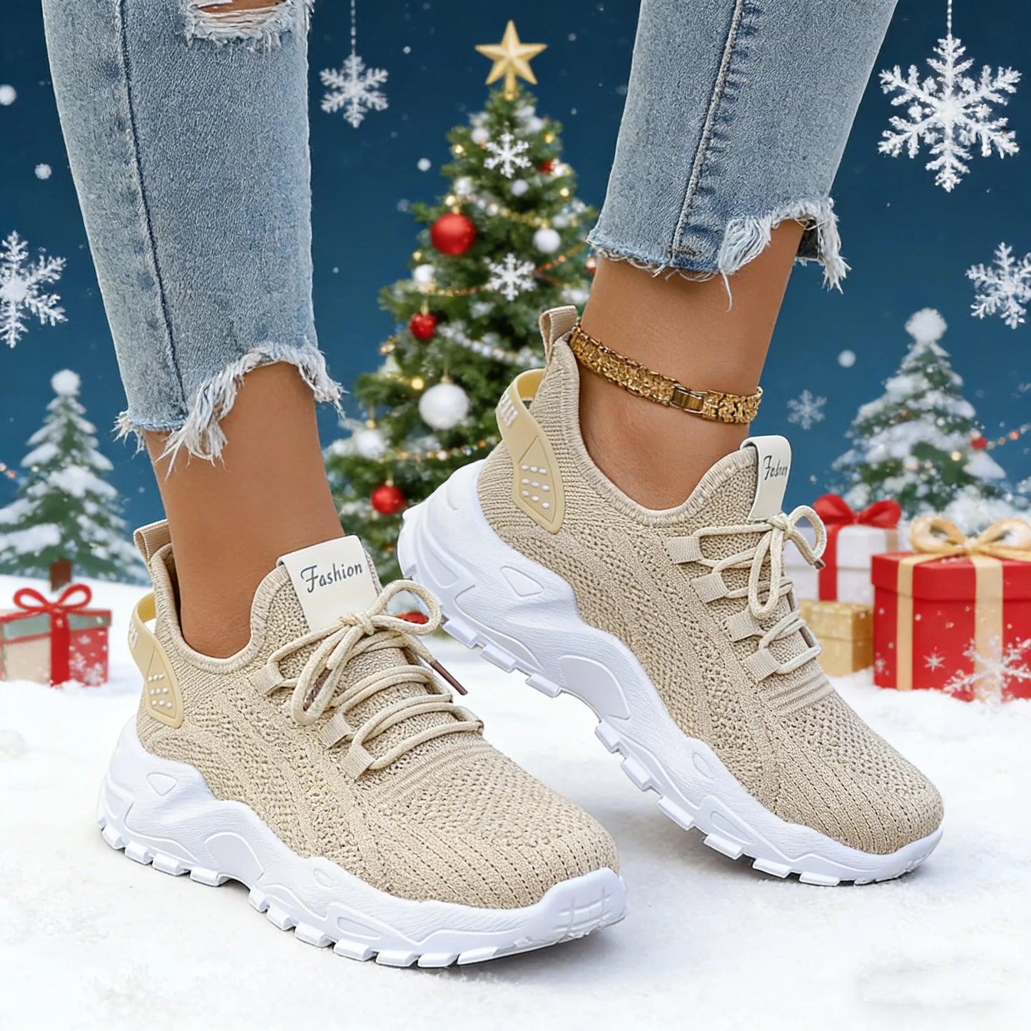 Fashion Knitted Sneakers for Women Mesh Breathable Lace-up Casual Sports Shoes
