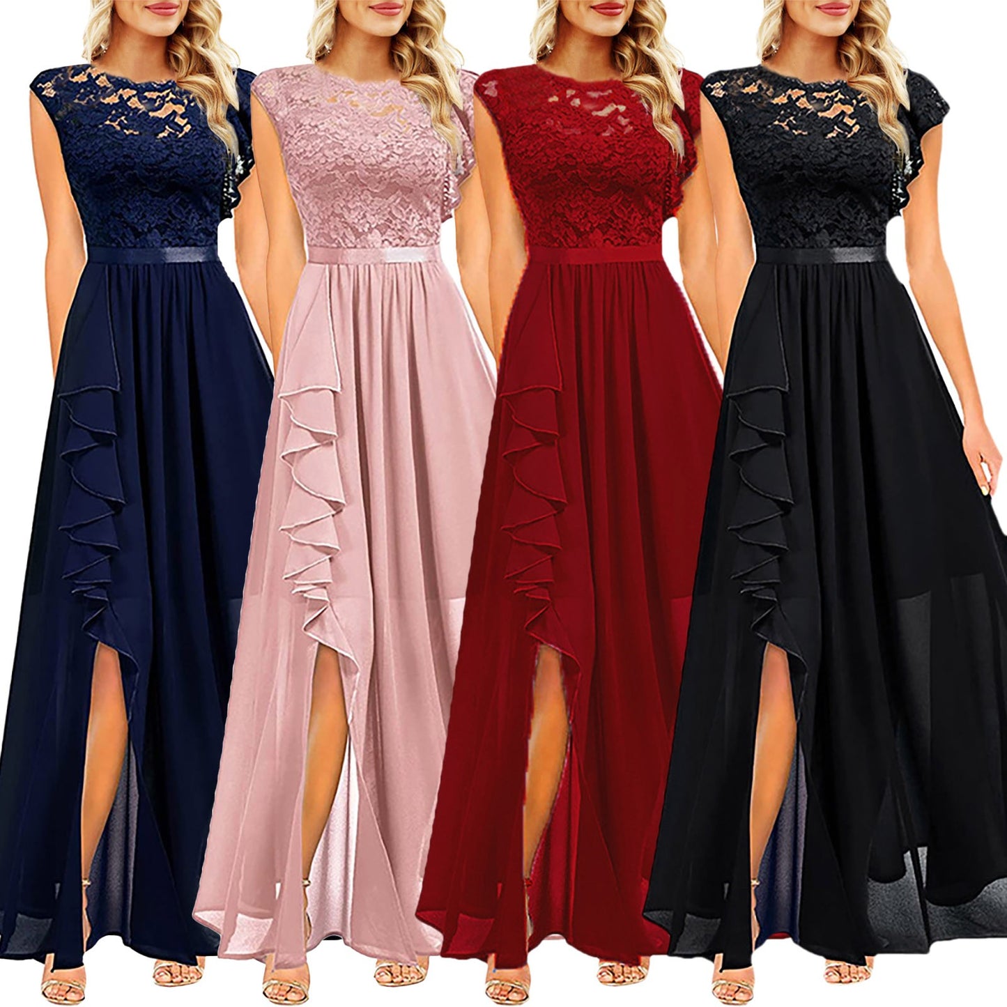 Elegant Women Sleeveless Long Evening Dress With Belt Slit Ruffles
