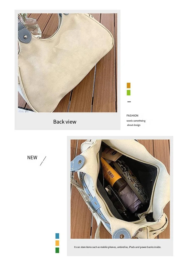 Gothic Punk Y2K One Shoulder Tote Bag, Harajuku Aesthetic Leather Patchwork Casual Handbag.