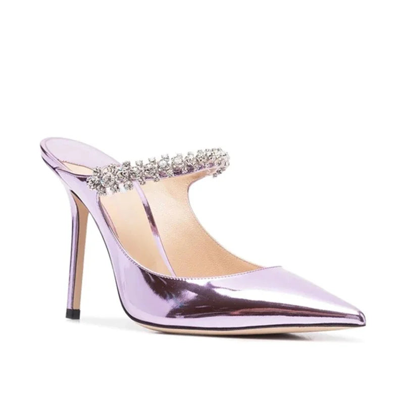 2025 New Fashionable Fine Heeled Muller Shoes with Pointed Water Diamond Chain Banquet