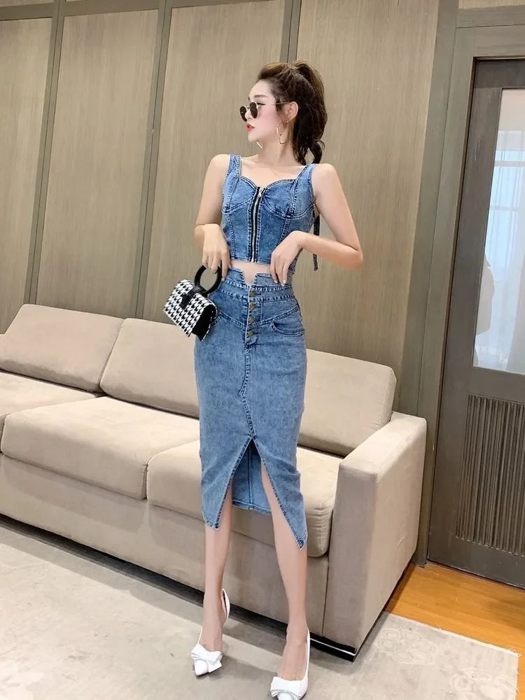 denim 2 piece outfits summer top and skirt