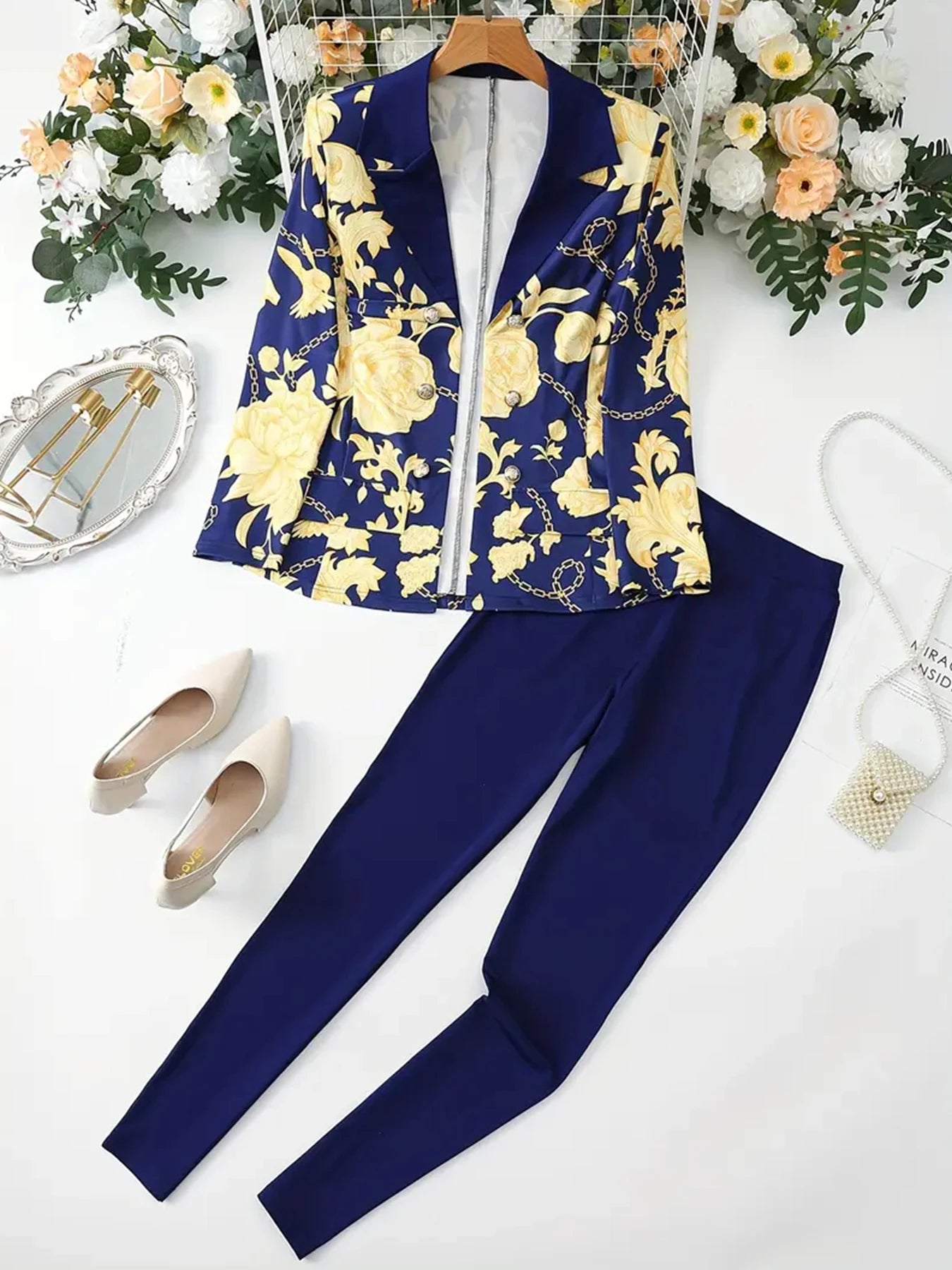 Women's Business and Leisure Two-Piece Suit Set, Solid Color Long-Sleeved Double-Breasted Suit Jacket and Floral Printed High-Waisted Skirt
