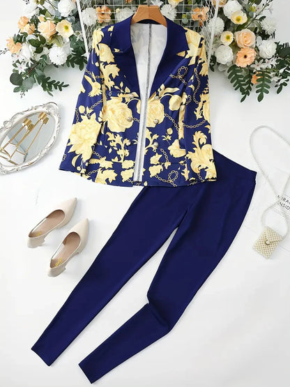 Women's Business and Leisure Two-Piece Suit Set, Solid Color Long-Sleeved Double-Breasted Suit Jacket and Floral Printed High-Waisted Skirt