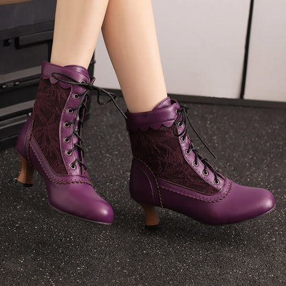 Women's Fashionable Classic Low Heel Ankle Boots Wicker Wedges Lace Color Blocked