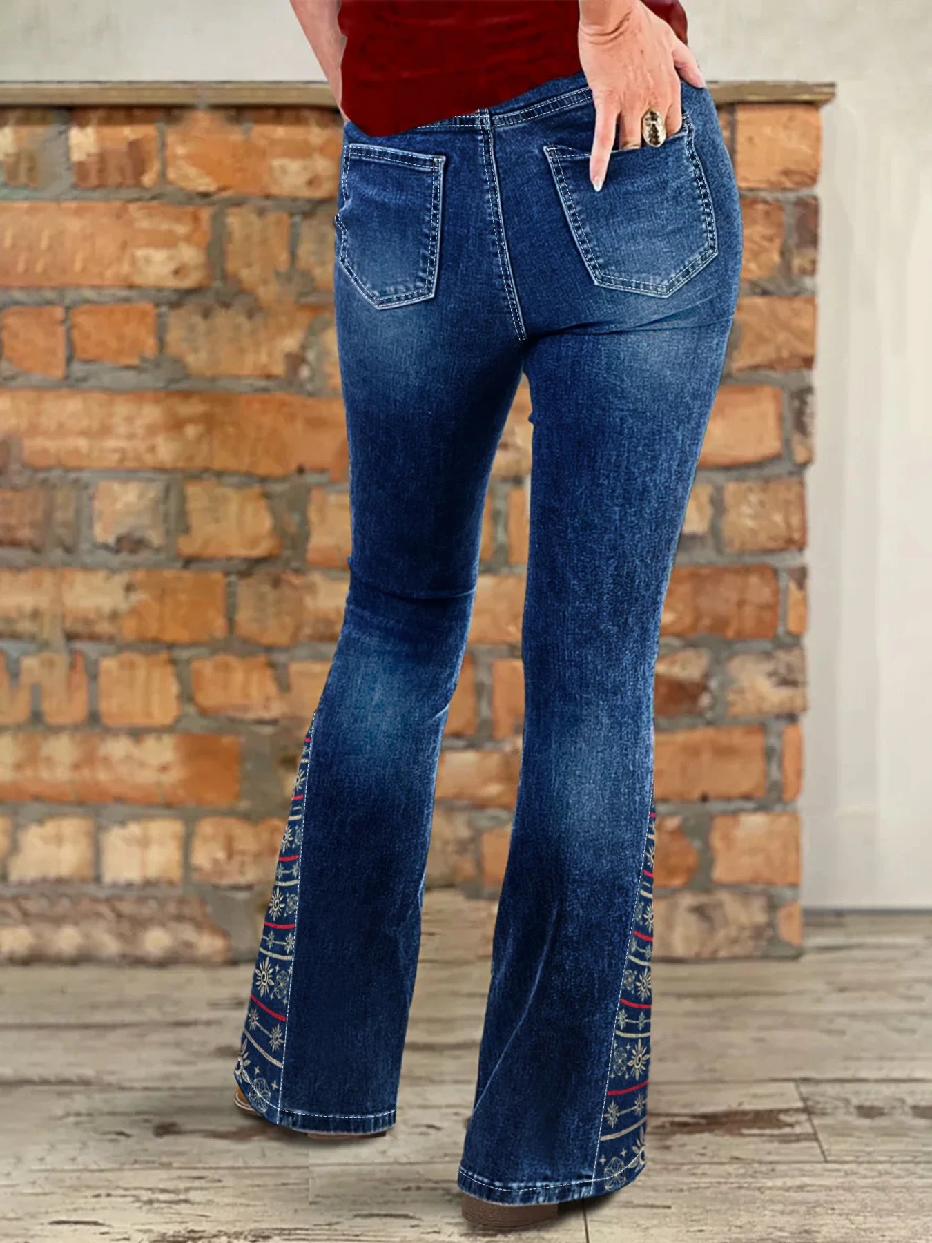 Women's plus-size high-waist jeans, dark blue ethnic-style embroidered flare jeans