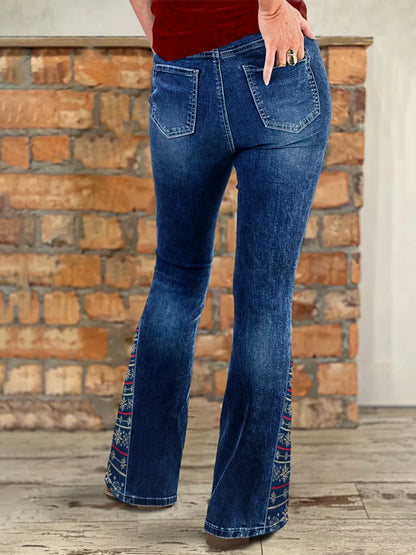 Women's plus-size high-waist jeans, dark blue ethnic-style embroidered flare jeans