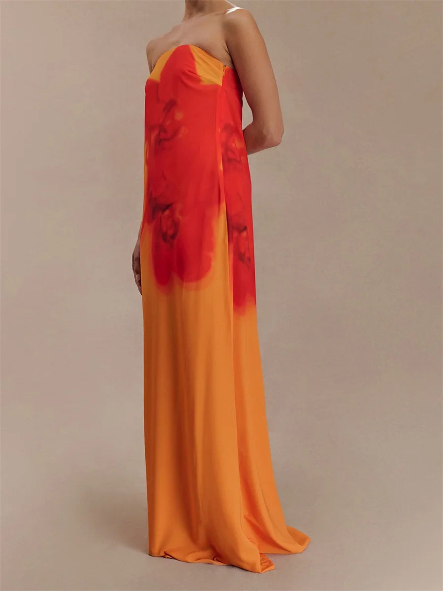 Women Long Dress Floral Print Tube Backless Casual Strapless Dress
