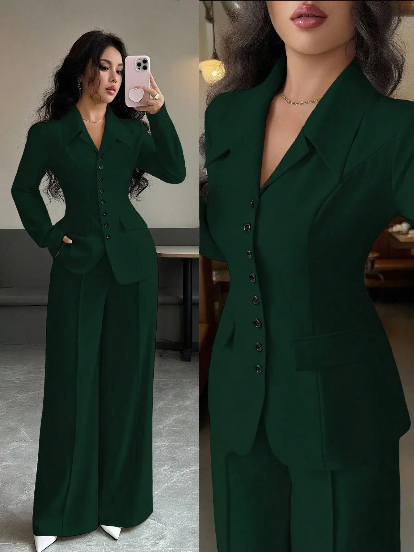 Cream Solid Color Tailored Blazer & Wide Leg Pants 2-Piece Set, V-Neck, Contrast Buttons,